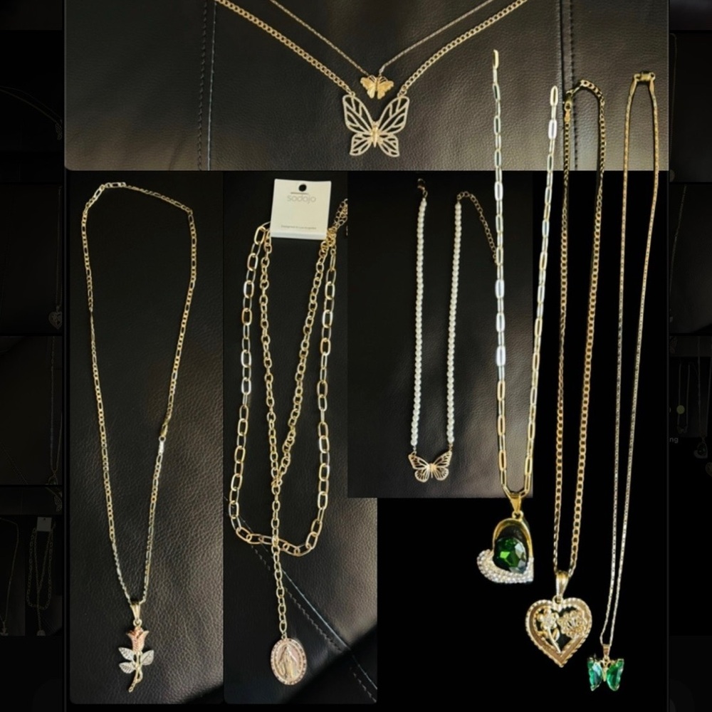 Gold and Silver Necklace Set with Butterfly and Heart Pendants